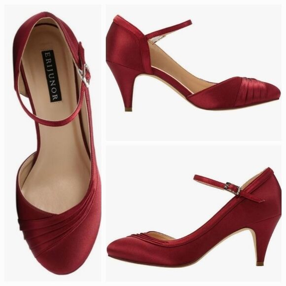 🩵NWOB Burgundy Satin Ankle Strap Kitten Heels Size 8 - Picture 4 of 14
